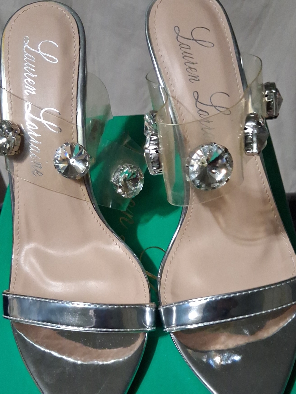 Lauren Lorraine Silver Metallic Heel Mules with Clear Crystal Straps